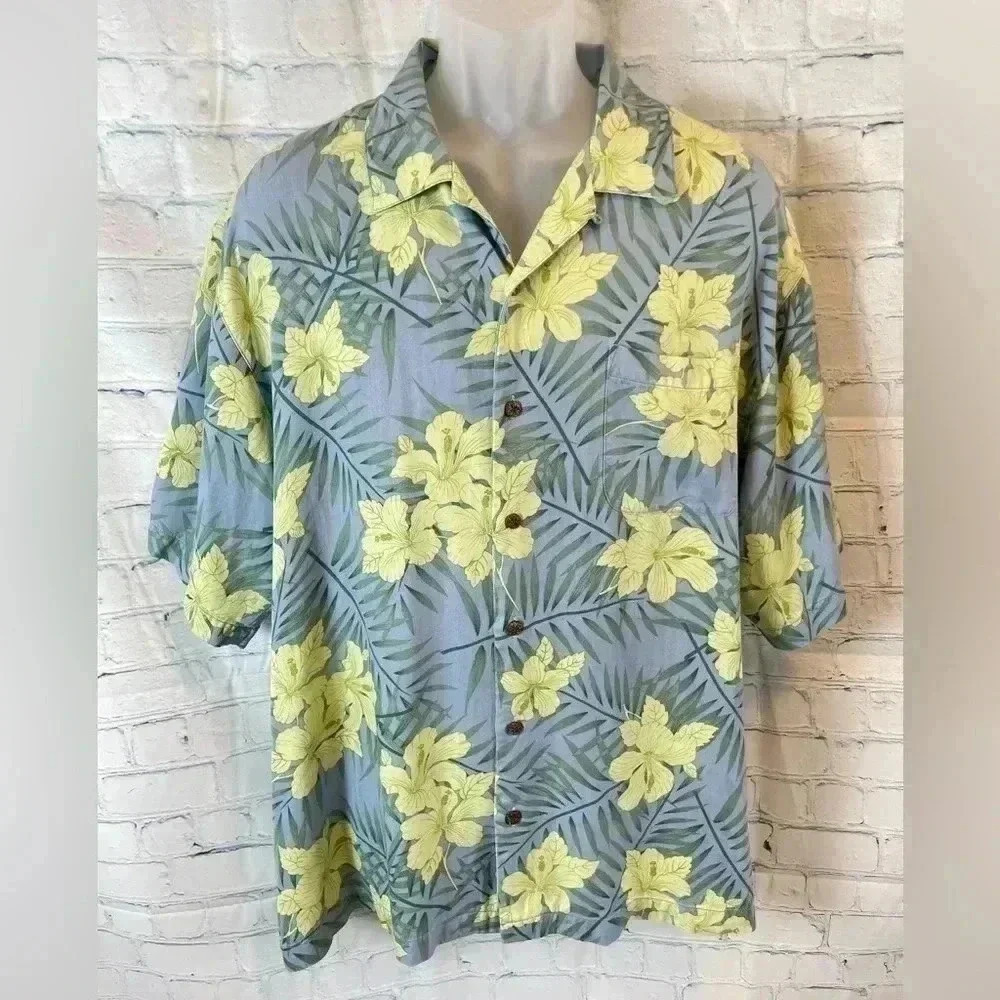 Tommy Bahama 100% Silk Tropical Flowers Button‎ Up Hawaiian Shirt size XL banana